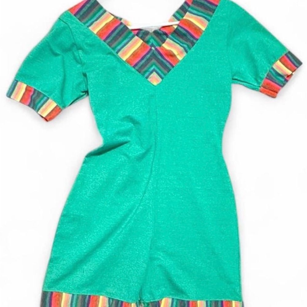 Vintage Turquoise Romper with Multicolor Stripe Trim